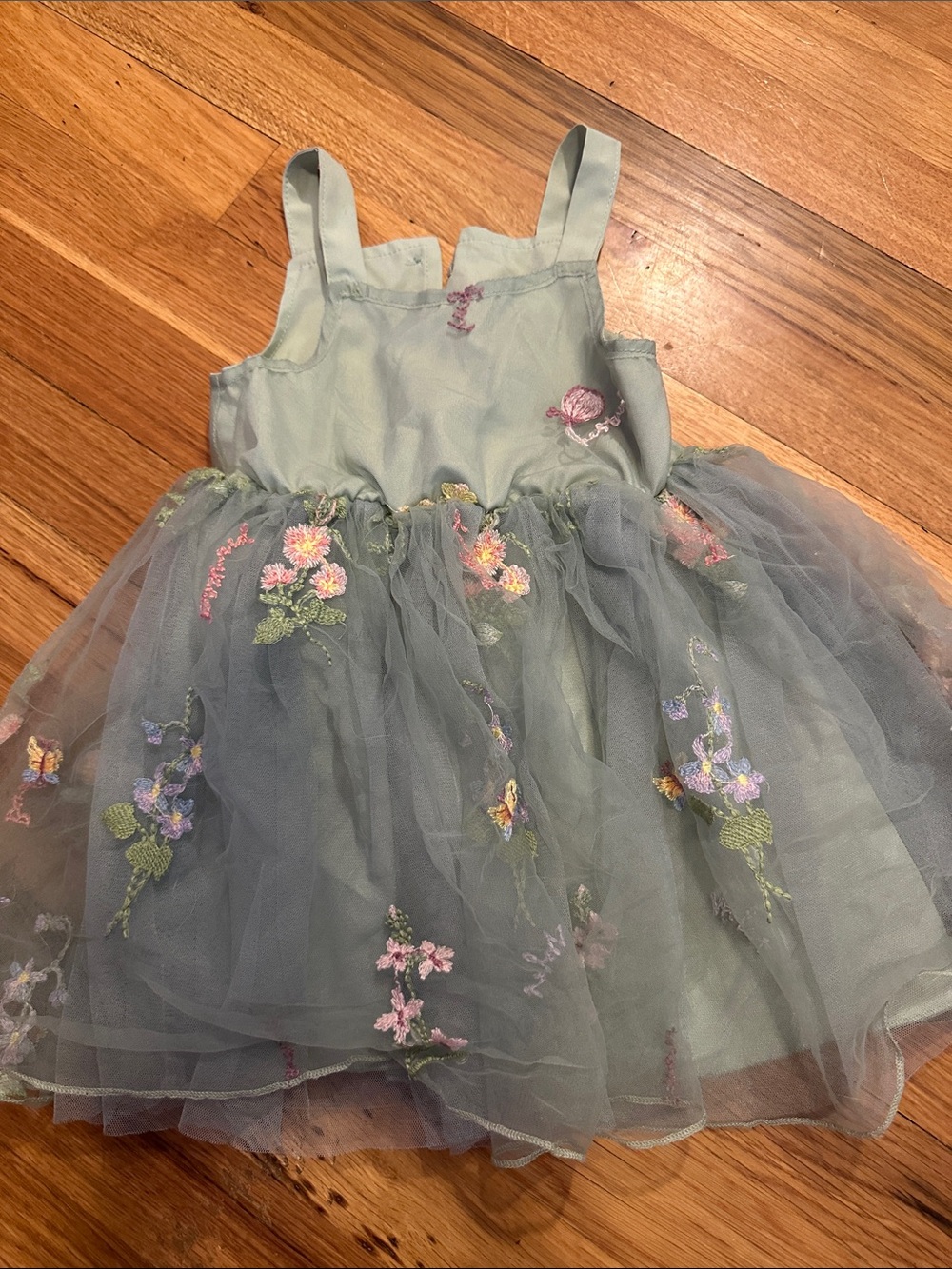 Girls Floral Embroidered Tulle Dress - Sage Green